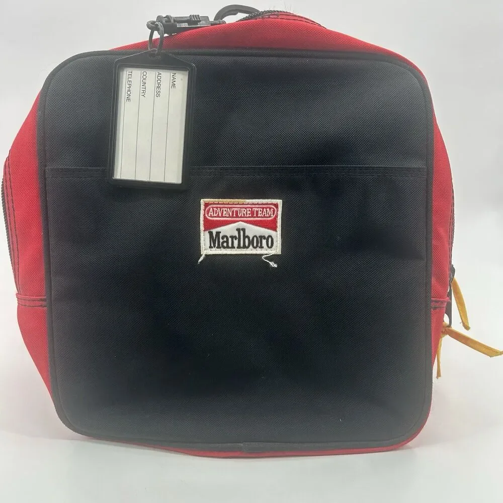 Marlboro Adventure Team Red Black Yellow Duffle Bag Pockets Adjustable Strap VTG